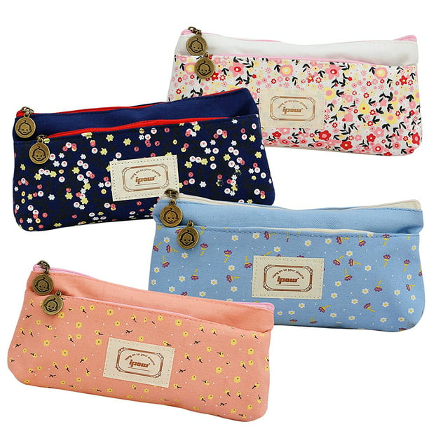 VNDEFUL Adorable Forest and Animal Linen Pencil Case Pen Zipper Bag 4pack Pen Pencil Stationery Pouch Bag 